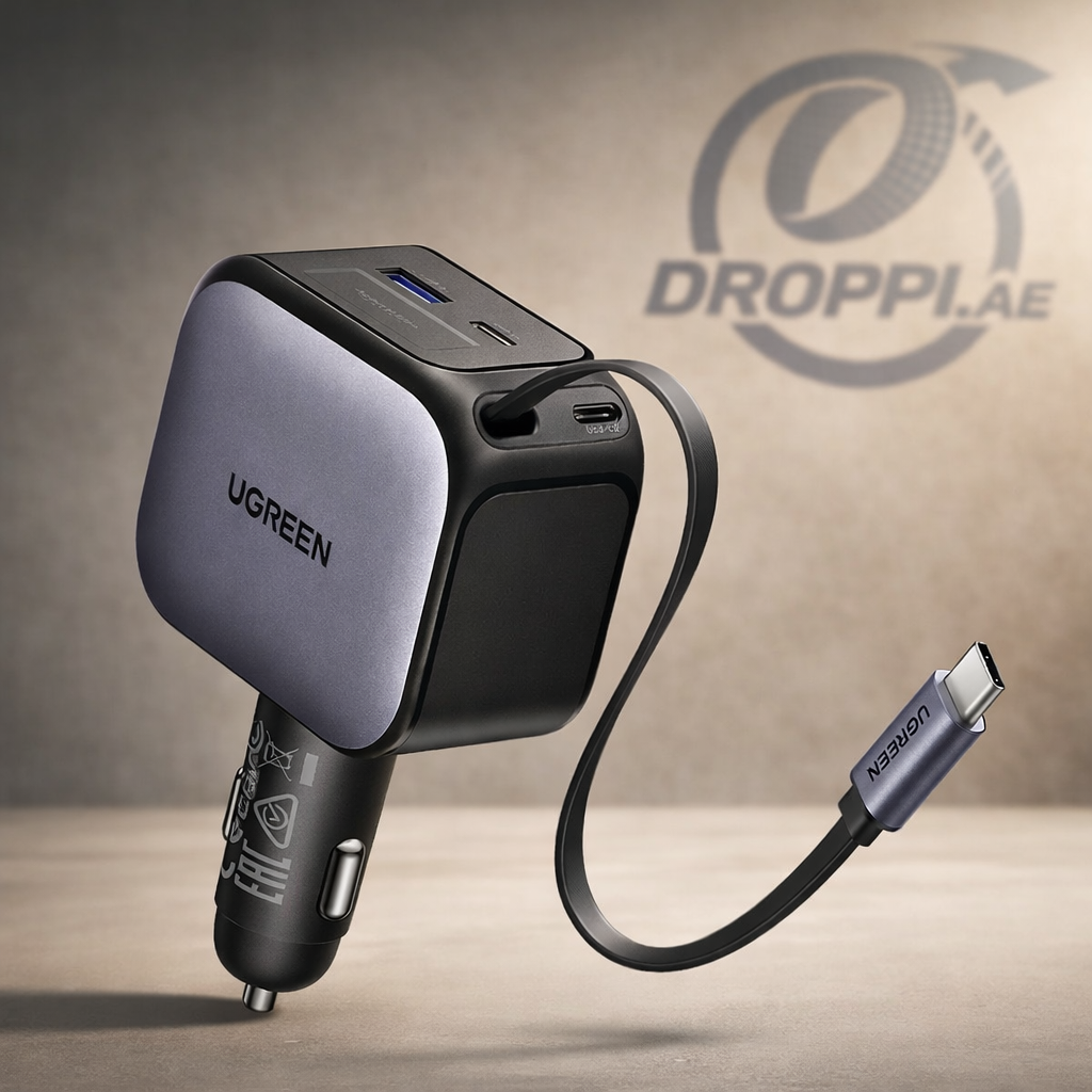 UGREEN 145W 90W 60W Car Charger 3 USB-C & 1 USB-A Ports PD QC4.0 Fast Charging with Retractable Cable for iPhone 17 Pro MacBook on Droppi studio background