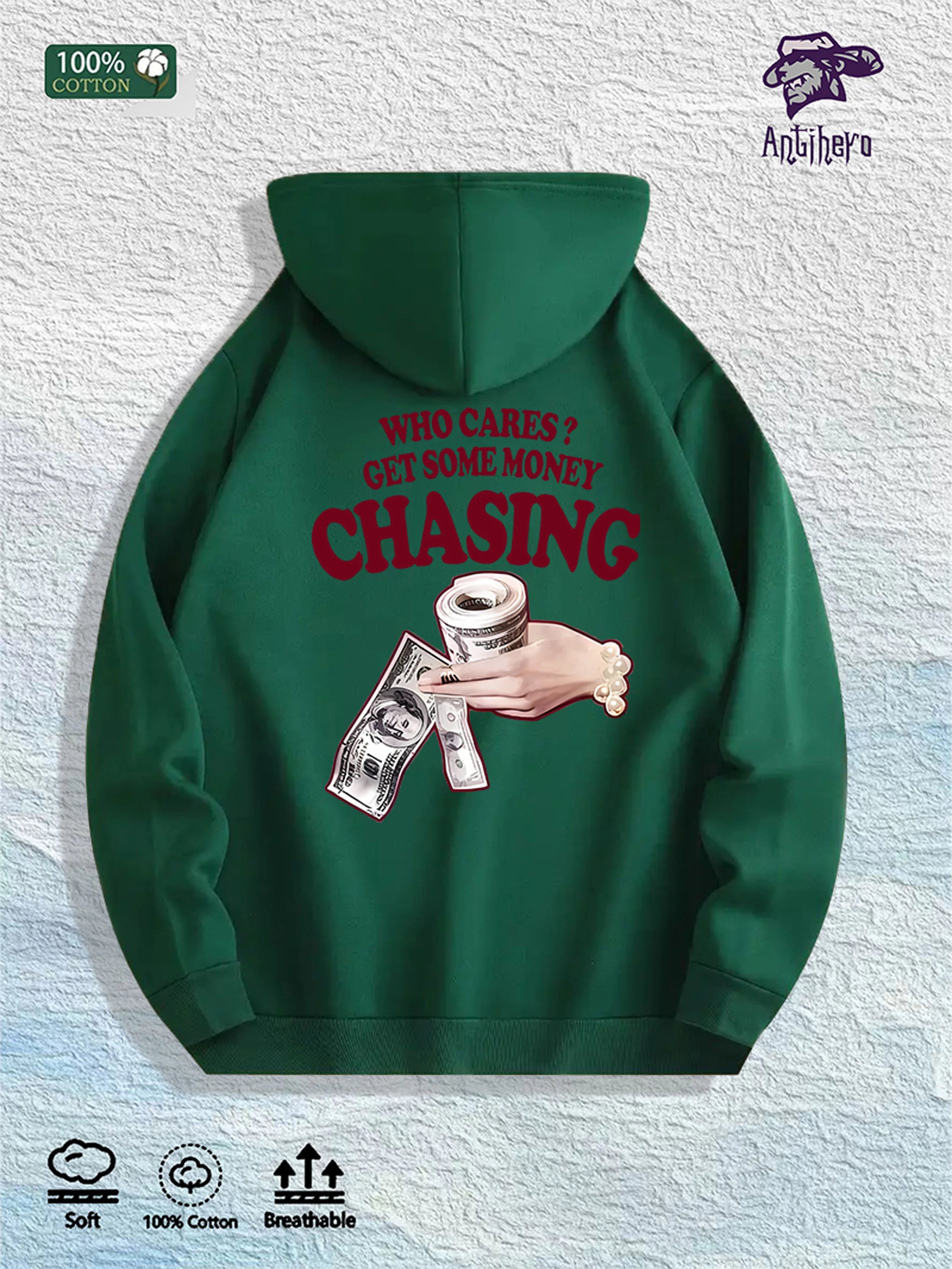 “WHO CARES? GET SOME MONEY” Graphic Hoodie – 100% Cotton, 7 Colors