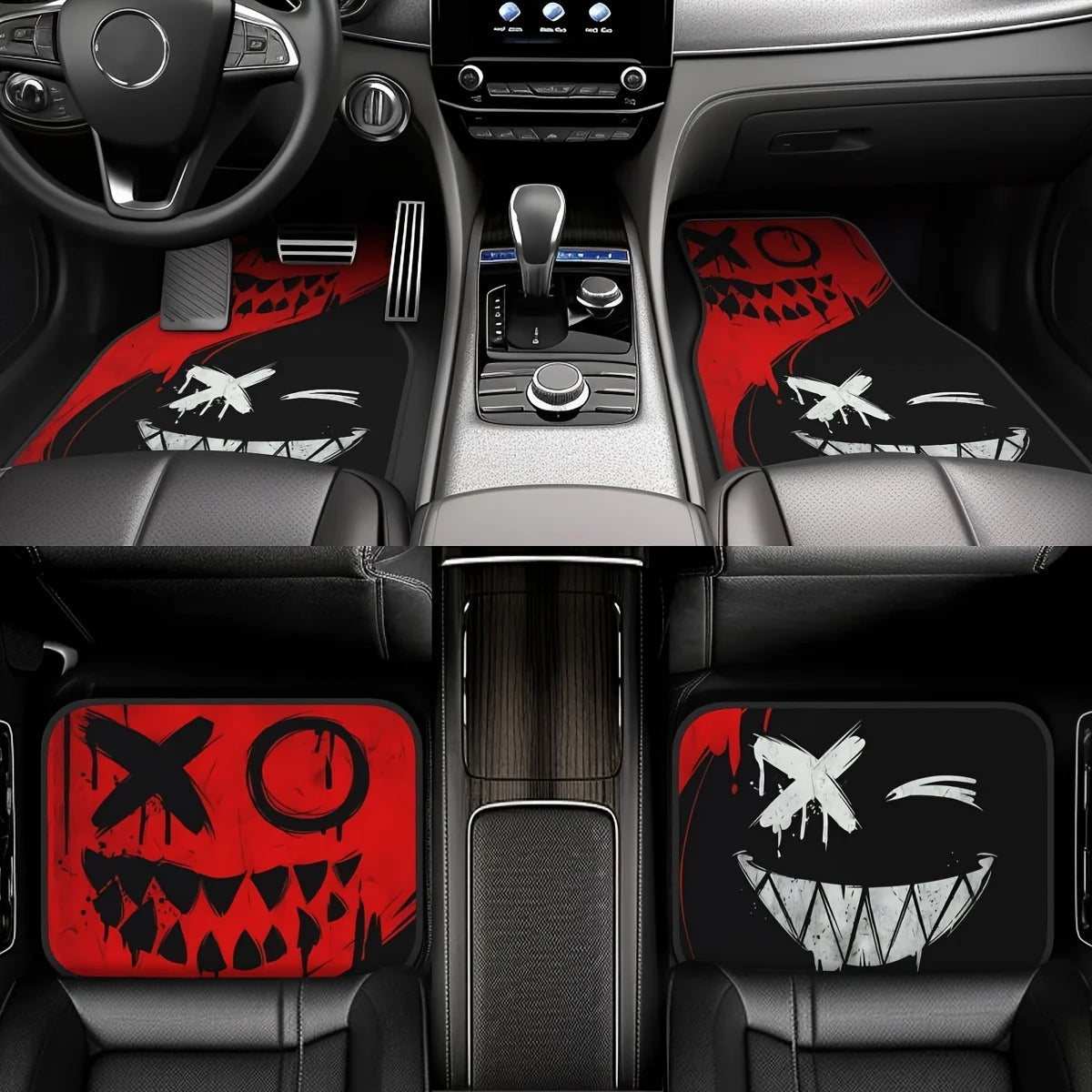 4pcs Cool Design Car Floor Mats, Vibrant Red with Black Accents,Durable, Non-Slip, Dirt-Resistant, Easy Clean