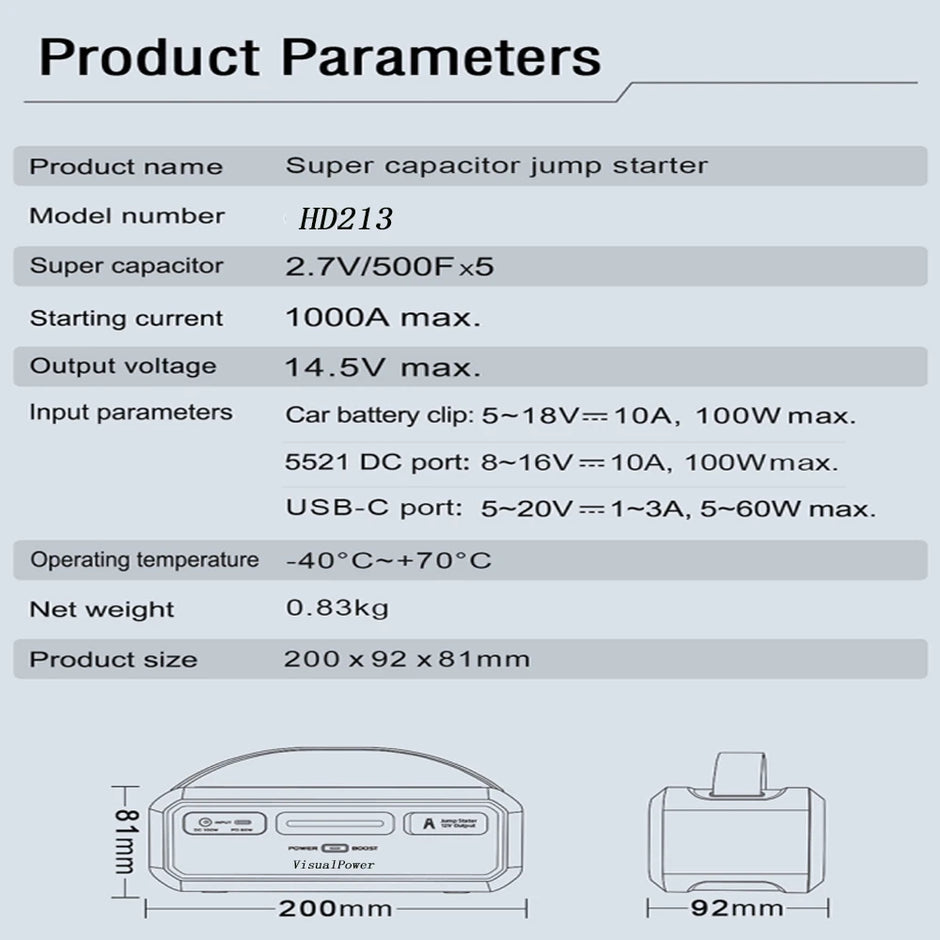Super Capacitor 12v Jump Starter  1000A