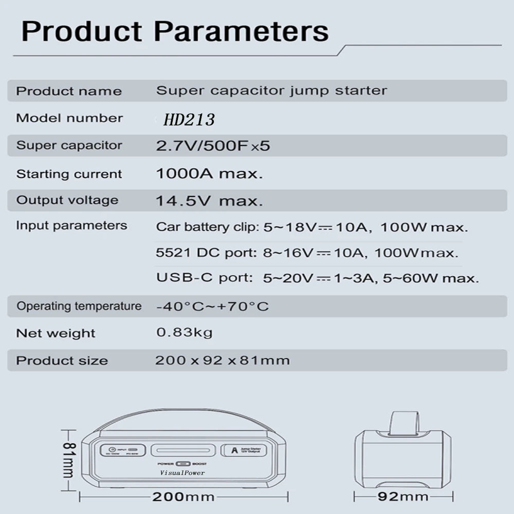 Super Capacitor 12v Jump Starter  1000A
