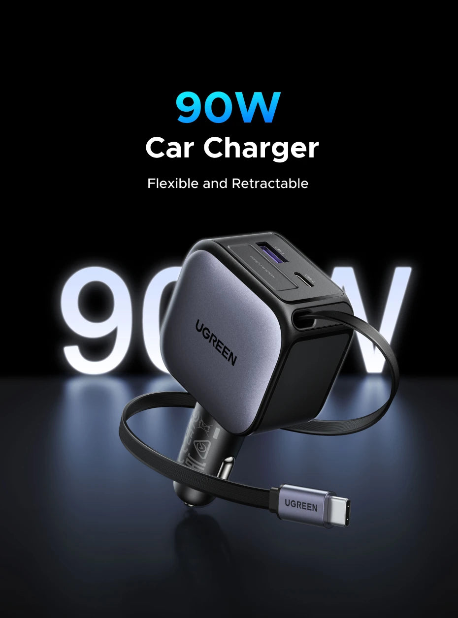 UGREEN 145W 90W 60W Car Charger 3 USB-C & 1 USB-A Ports PD QC4.0 Fast Charging with Retractable Cable for iPhone 17 Pro MacBook