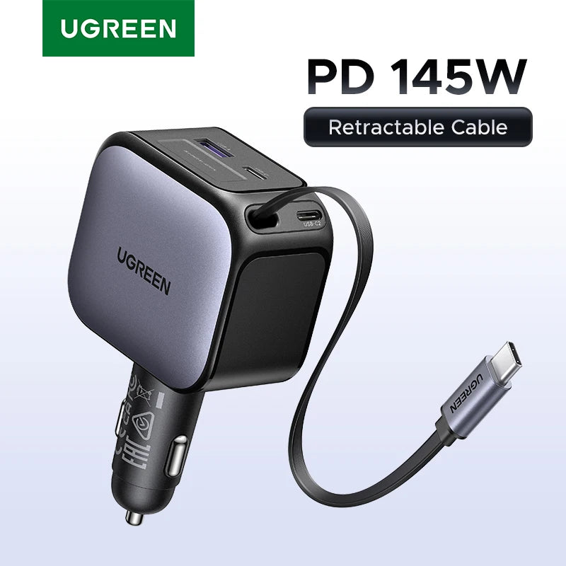 UGREEN 145W 90W 60W Car Charger 3 USB-C & 1 USB-A Ports PD QC4.0 Fast Charging with Retractable Cable for iPhone 17 Pro MacBook