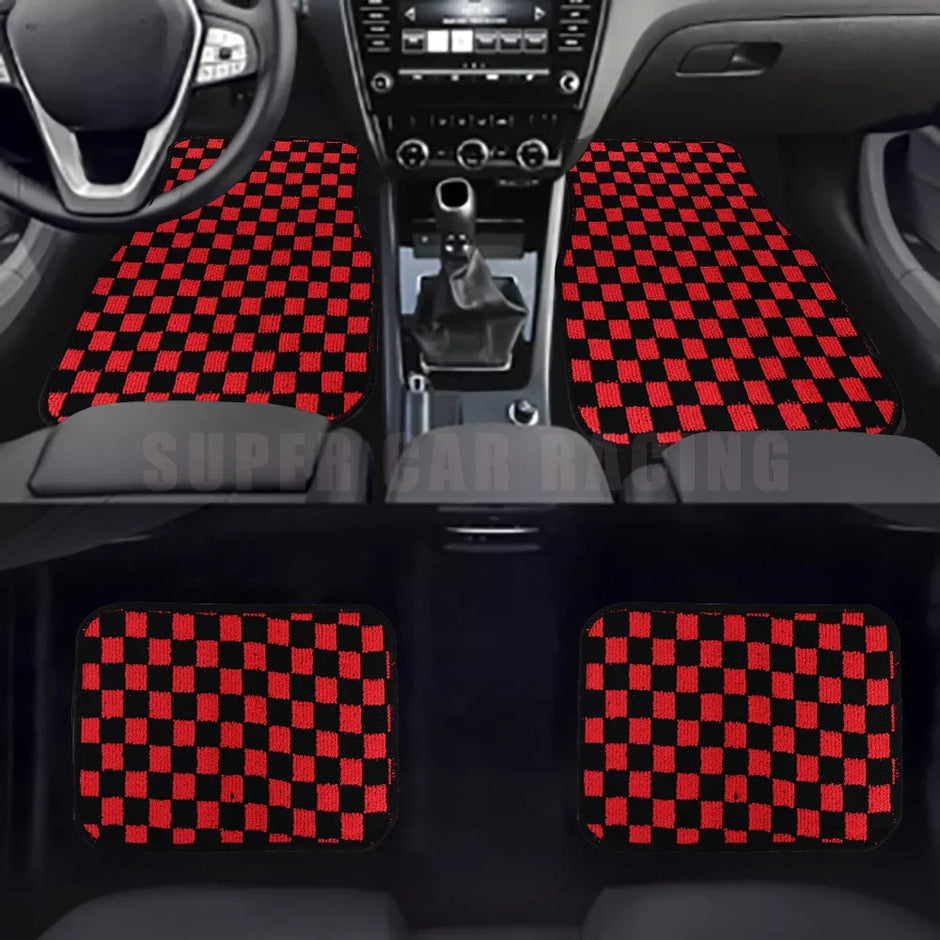 4pcs Floor Mats Checkered Front Rear Carpets Floor Mats Auto Interior