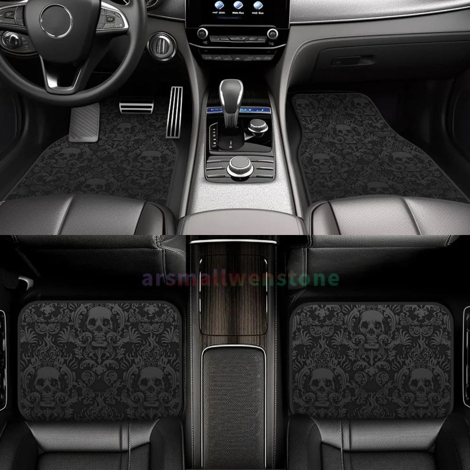 Gothic Black Skull 4PCS Crystal Velvet Car Floor Mat