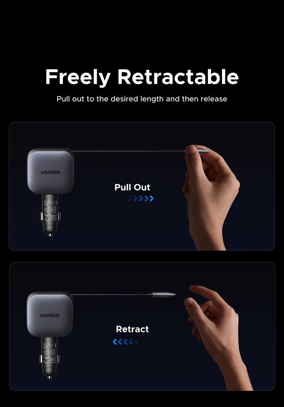 UGREEN 145W 90W 60W Car Charger 3 USB-C & 1 USB-A Ports PD QC4.0 Fast Charging with Retractable Cable for iPhone 17 Pro MacBook