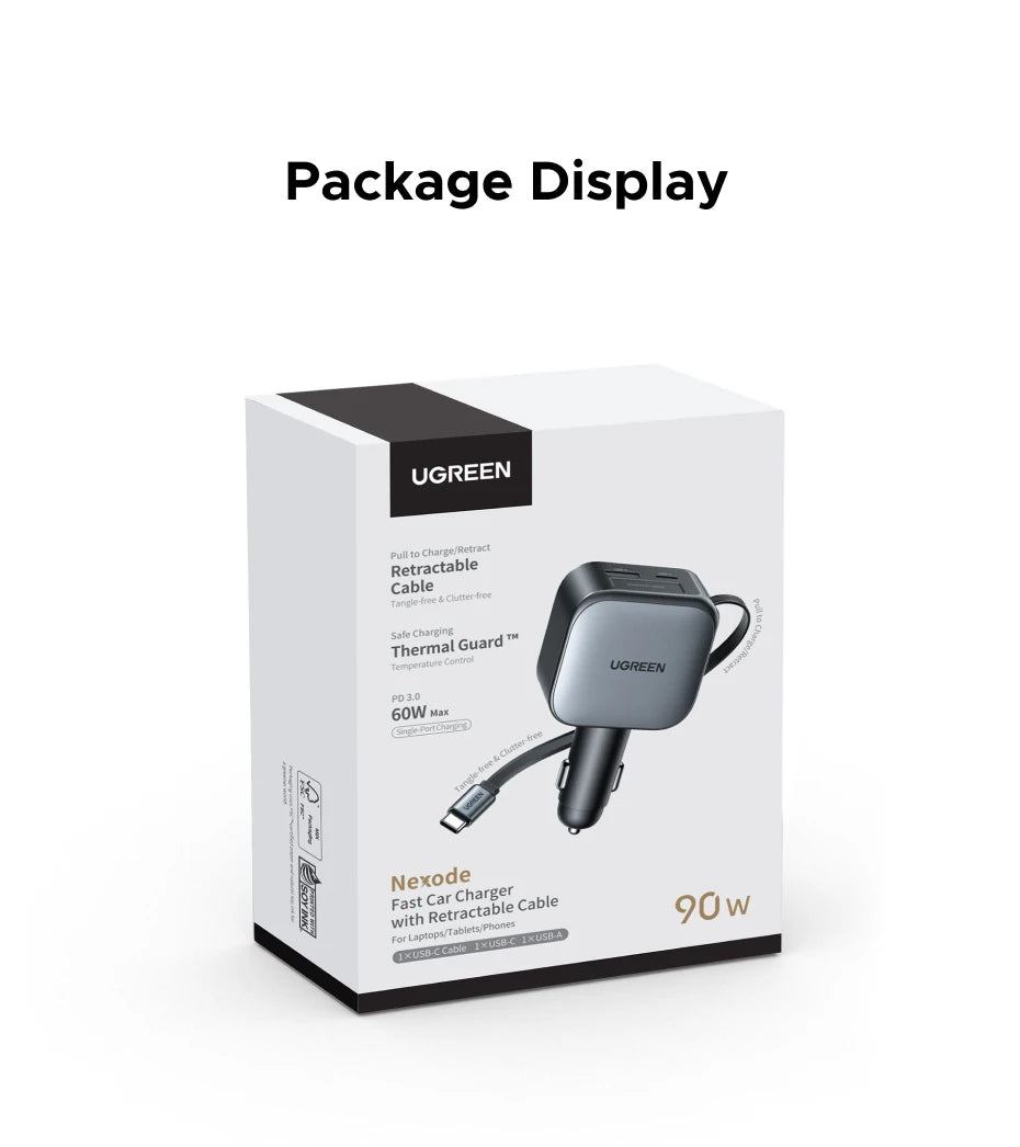 UGREEN 145W 90W 60W Car Charger 3 USB-C & 1 USB-A Ports PD QC4.0 Fast Charging with Retractable Cable for iPhone 17 Pro MacBook