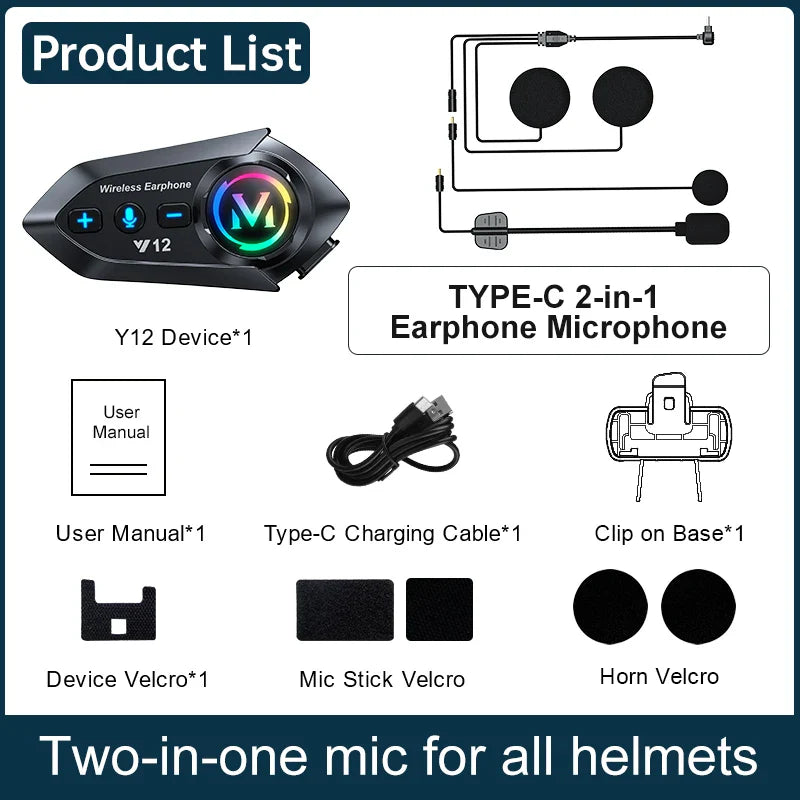 Y12 Dual Mic Motorcycle Helmet Bluetooth Headset