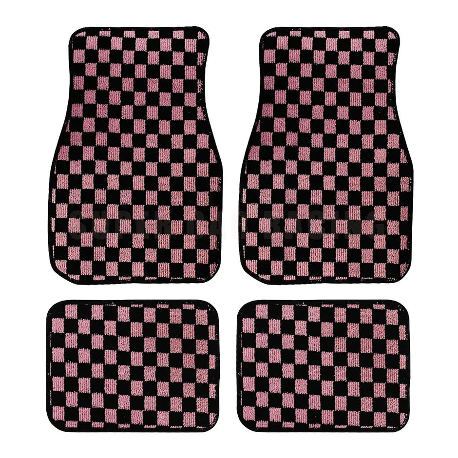 4pcs Floor Mats Checkered Front Rear Carpets Floor Mats Auto Interior
