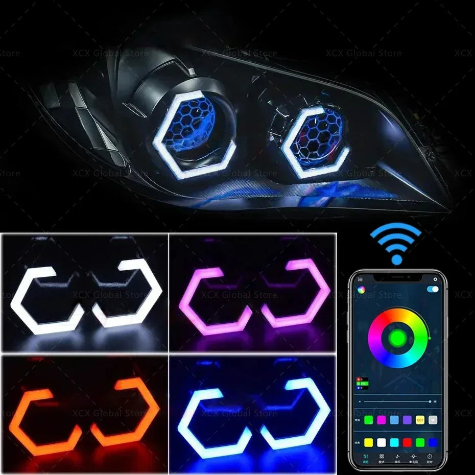 12V/24V RGB Hexagon Halo Rings – DRL & Amber Turn Signal Light for Cars/Motorcycles