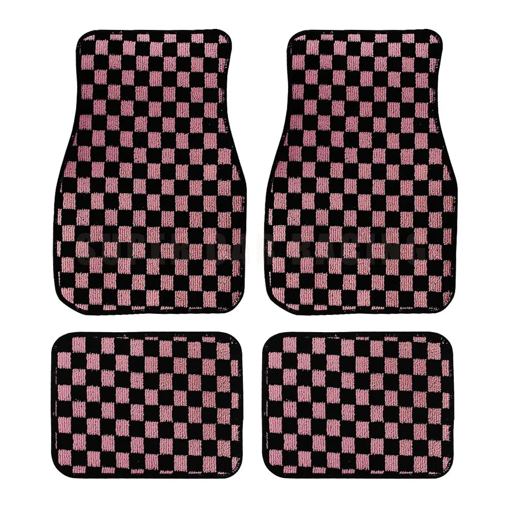 4pcs Floor Mats Checkered Front Rear Carpets Floor Mats Auto Interior