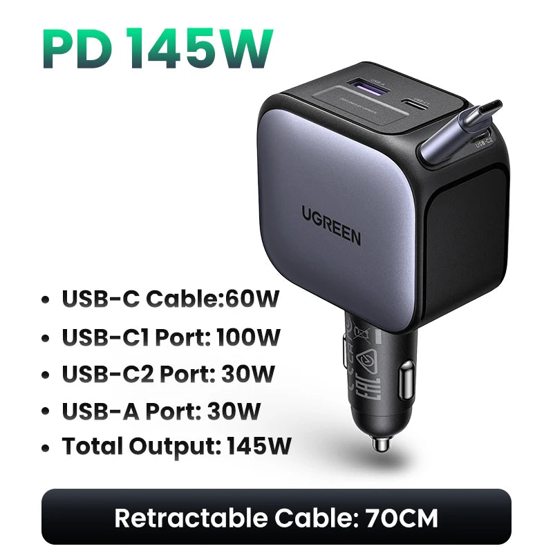UGREEN 145W 90W 60W Car Charger 3 USB-C & 1 USB-A Ports PD QC4.0 Fast Charging with Retractable Cable for iPhone 17 Pro MacBook