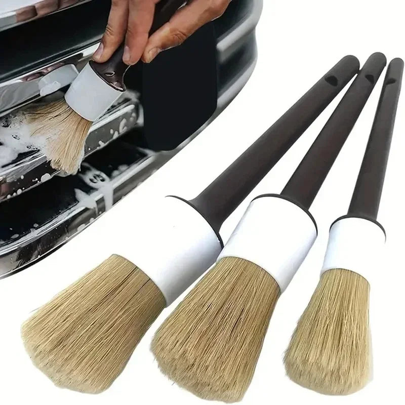 3PCS Natural Hair Detailing Brush Set – Interior & Exterior Car Cleaning Tools