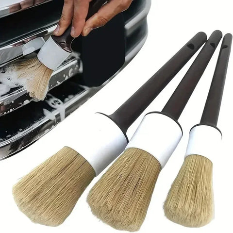 3PCS Natural Hair Detailing Brush Set – Interior & Exterior Car Cleaning Tools - Car Care - Droppi UAE