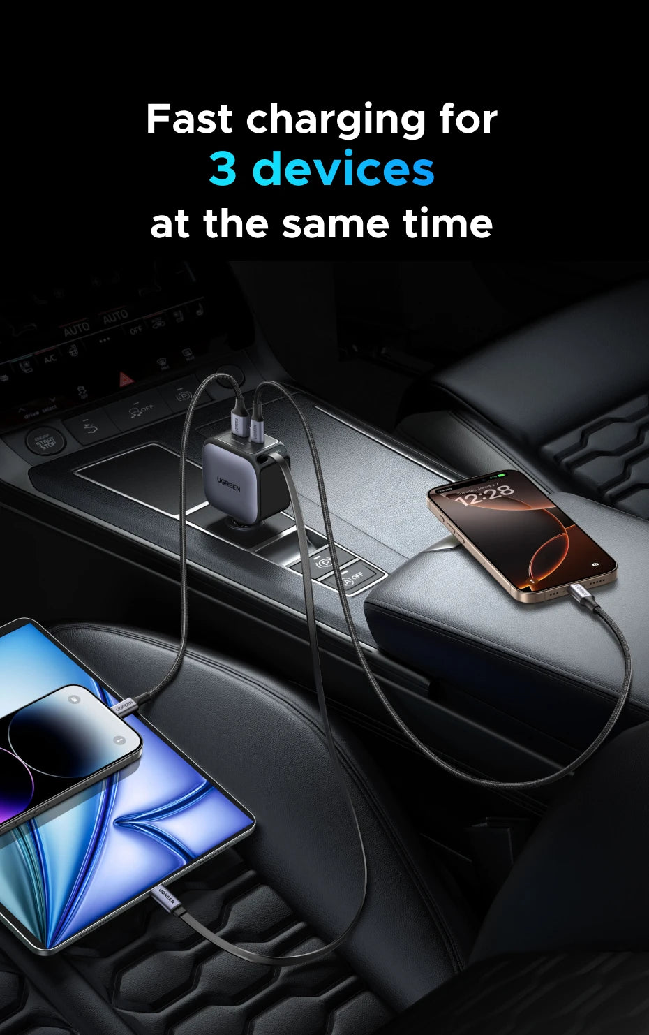 UGREEN 145W 90W 60W Car Charger 3 USB-C & 1 USB-A Ports PD QC4.0 Fast Charging with Retractable Cable for iPhone 17 Pro MacBook