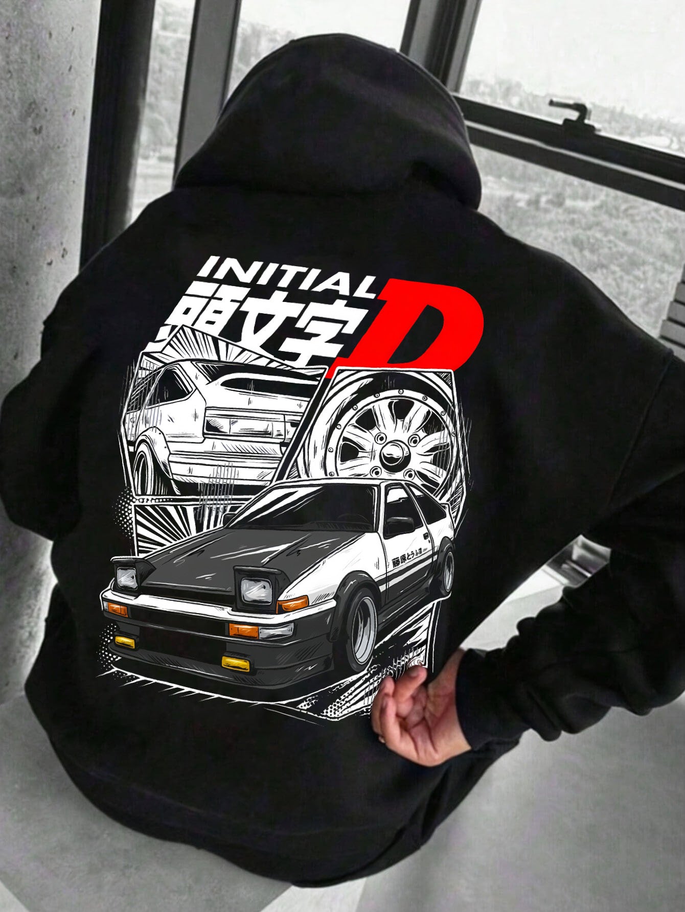Men’s JDM Initial D Graphic Hoodie – White Oversized Streetwear